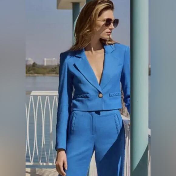 Jason Wu Blazer Cropped Shoulder Pad Linen Blend Blue Braided Detail Large New - Picture 1 of 11